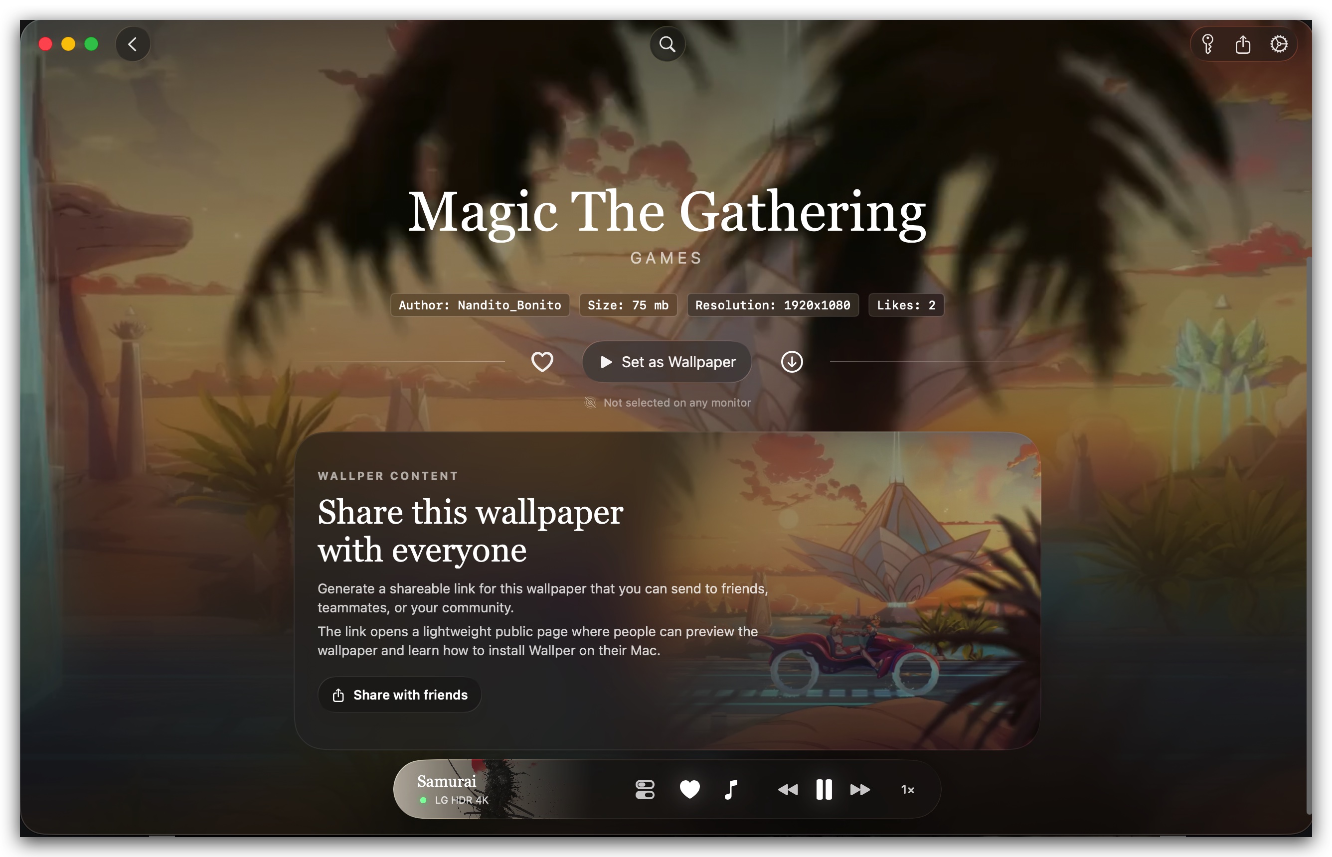 Wallive detail screen with wallpaper preview and actions