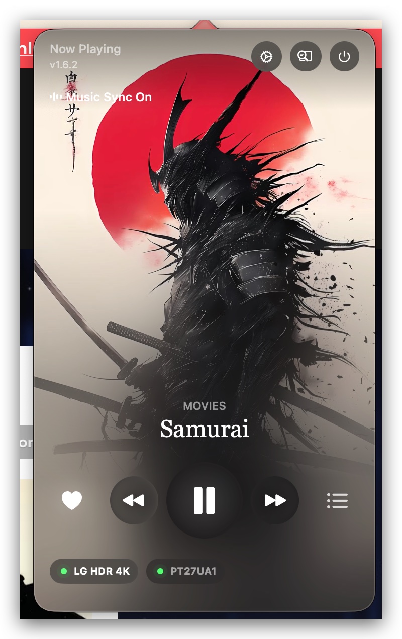 Wallive now playing popup with large artwork and controls